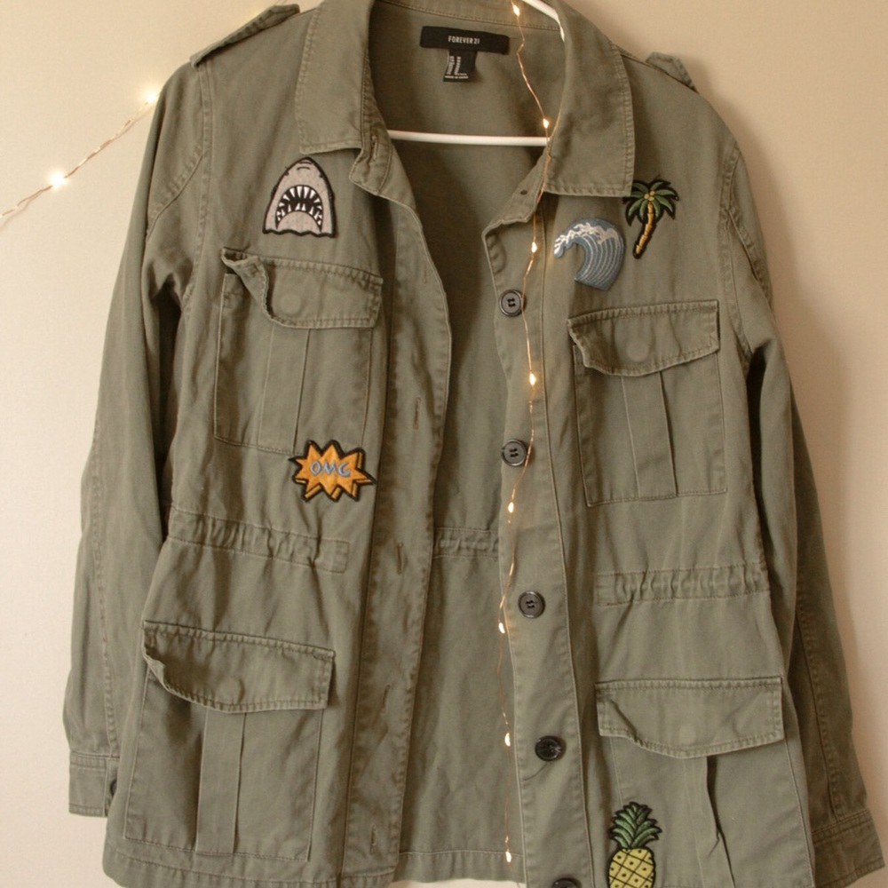Collared Olive Jacket with Cartoon patches